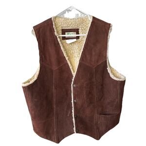 Vintage Sherpa Lined Brown Leather Snap button Vest Made In Mexico 80s Mens L
